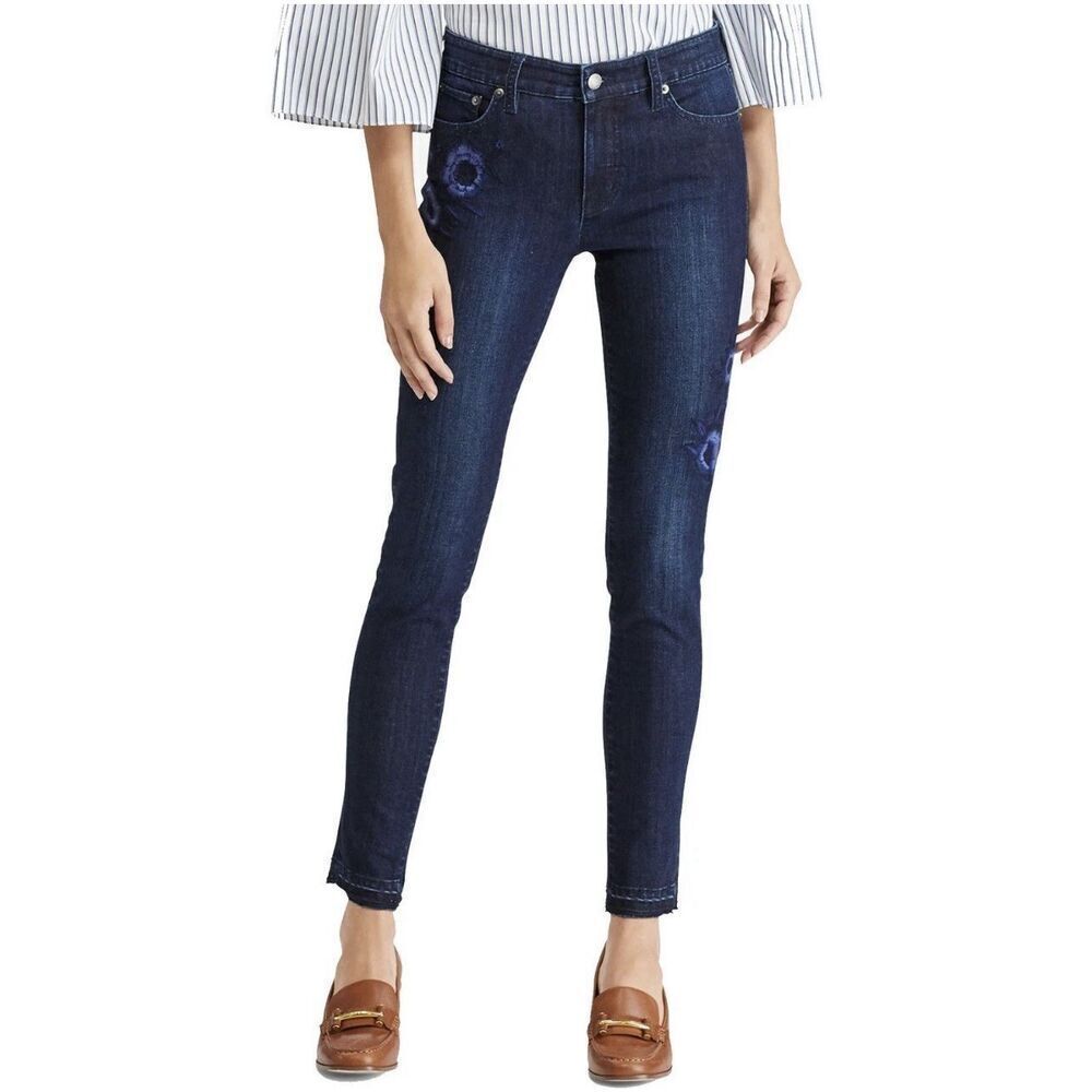 LRL RALPH LAUREN Blue Denim Floral Embroidered Premier Skinny Cropped Jeans NWT